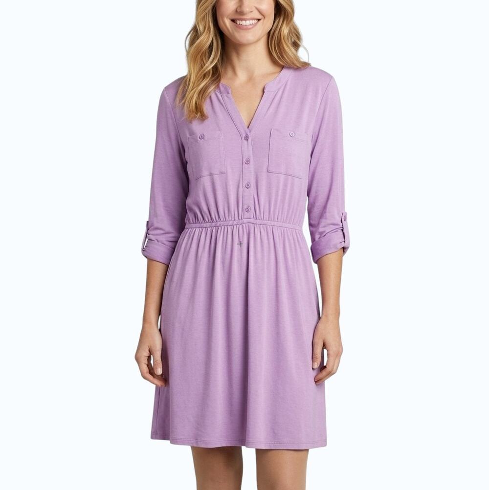 41 Hawthorn V-Neck Shirt Dress Purple Roll Tab Sleeve Women Size L NWOT